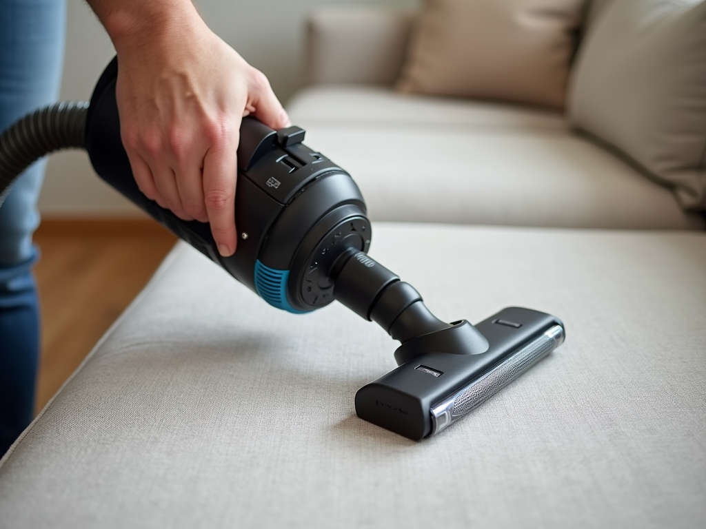 Person vacuuming upholstered sofa with care