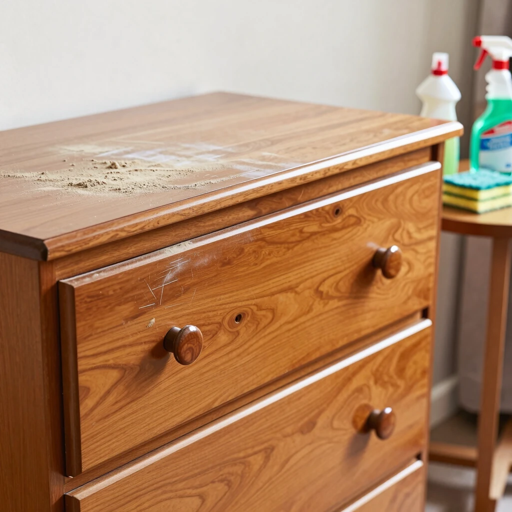 Before and after furniture maintenance on a wooden dresser