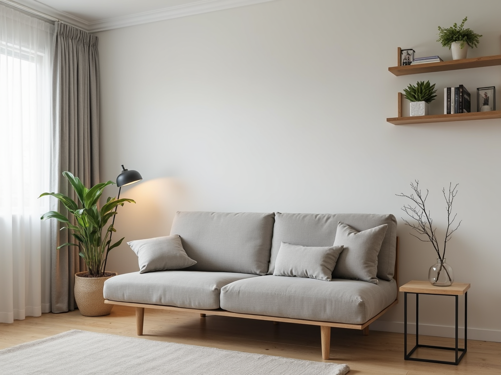 A stylish modern futon in a small living room setup.