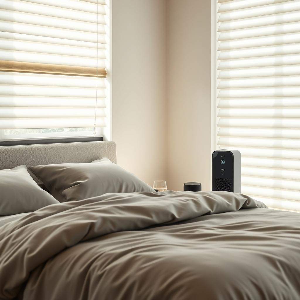 Modern bedroom with a plush bed, smart air purifier, and smart blinds for a clean, comfortable environment.