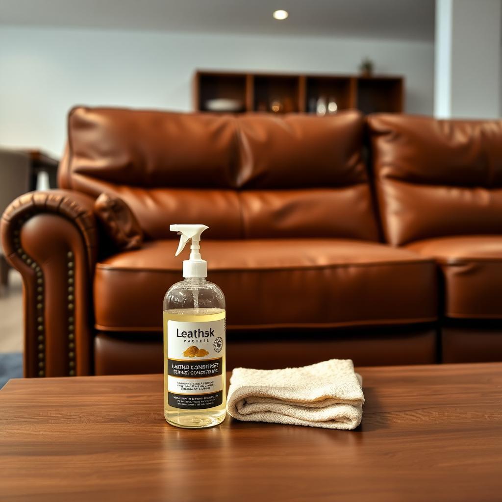 Brown leather sofa with leather conditioner and cloth in a modern living room.