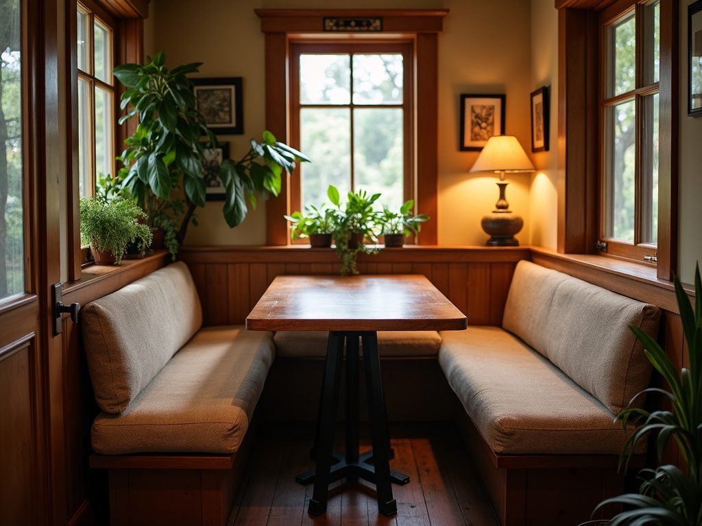 A cozy dining nook with a wooden table and cushioned benches.