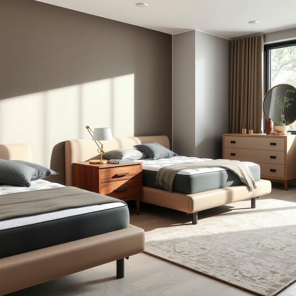 Stylish bedroom with a modern bed, vintage nightstand, and sleek dresser, blending furniture styles.