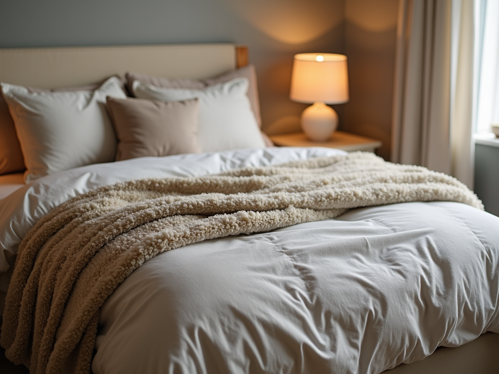 Cozy bedroom with comfortable bedding and warm lighting