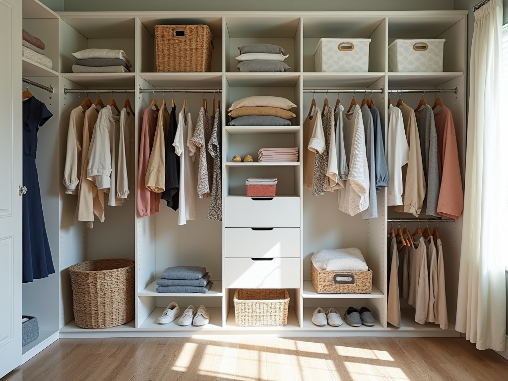 A well-organized closet with clothes and accessories neatly arranged.