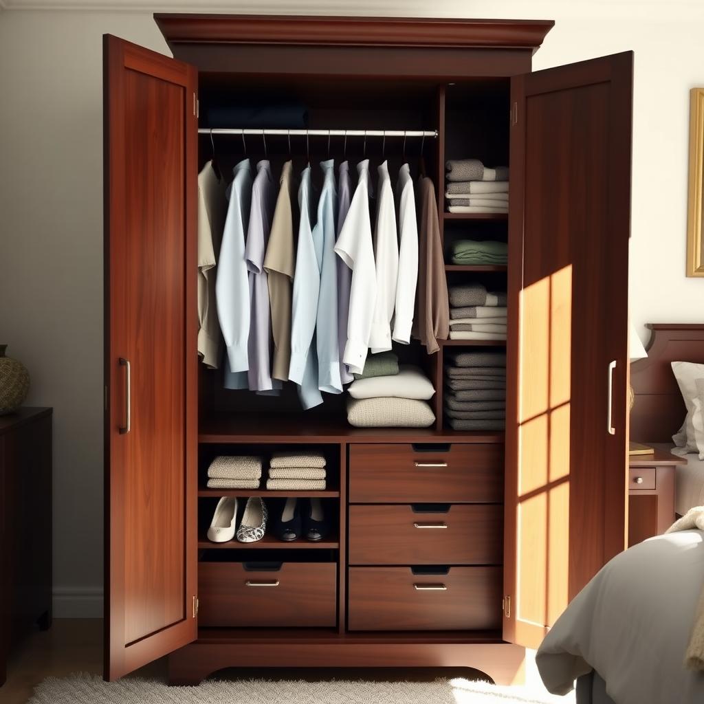 Open dark wood armoire displaying organized clothes, including hanging shirts, folded sweaters, and labeled drawers in a cozy bedroom.