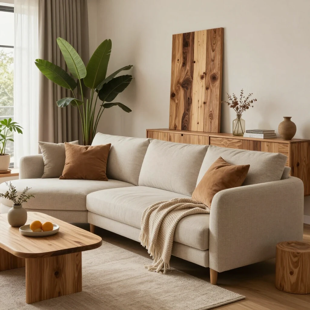 Cozy modern living room with curved sofa, natural wood, and plants showcasing sustainable 2023 furniture trends