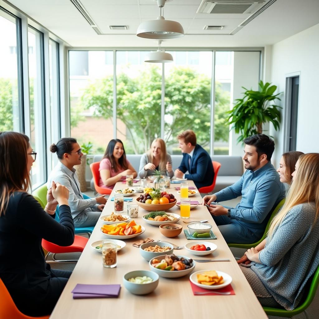 Employees enjoying a team lunch in a bright office break room