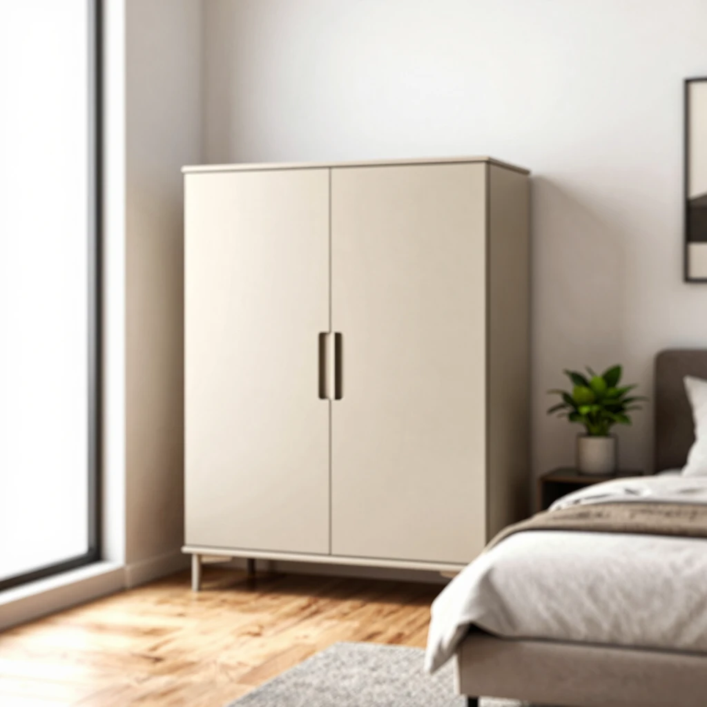 Minimalist beige armoire in a modern bedroom setting