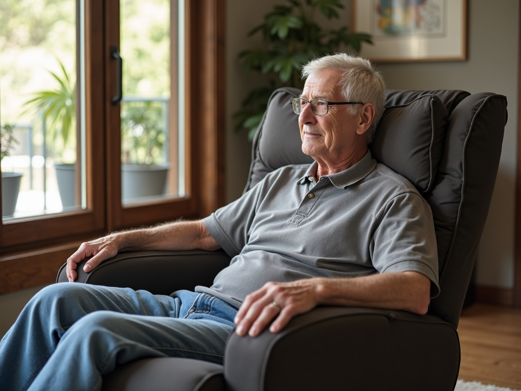 Testing a recliner for comfort and functionality in a furniture store