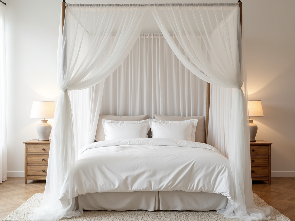 A stylish bed in a cozy bedroom.