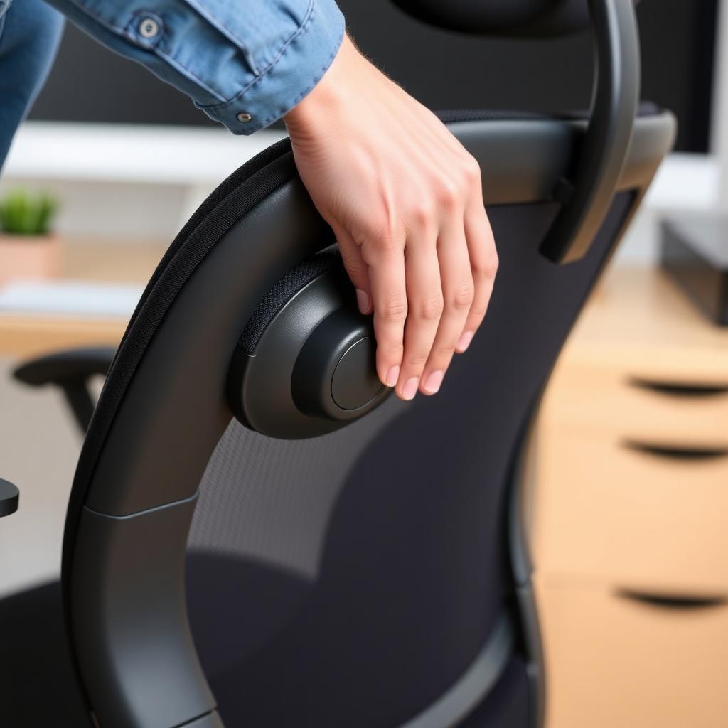 Person adjusting lumbar support on a black ergonomic office chair in a home office.