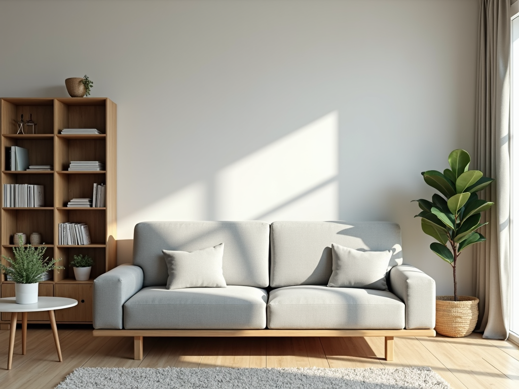 A tidy living room with a futon and gray cover.