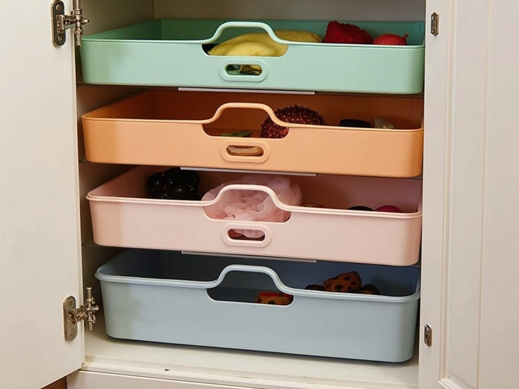 Storage bins in an armoire effectively organizing smaller items like accessories.
