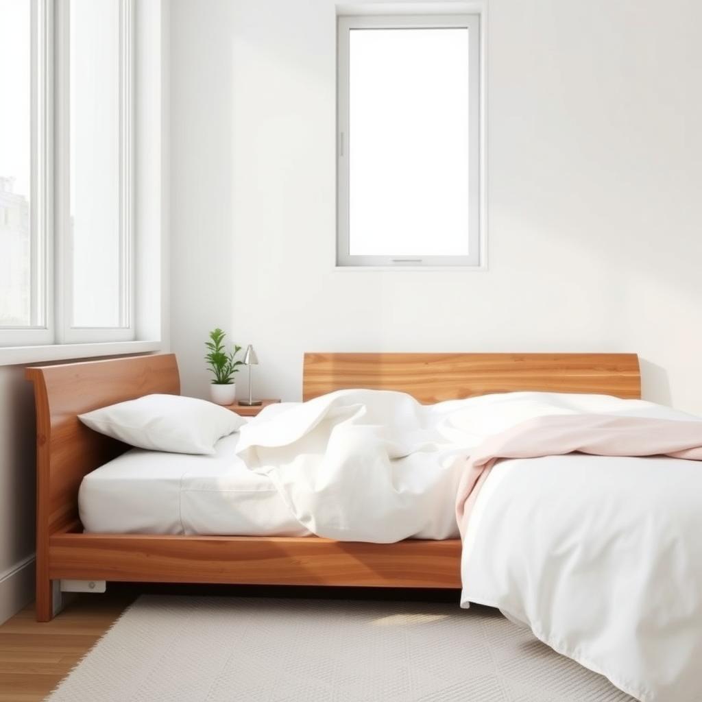 Modern bedroom with a wooden bed, white bedding, and minimalist nightstand.