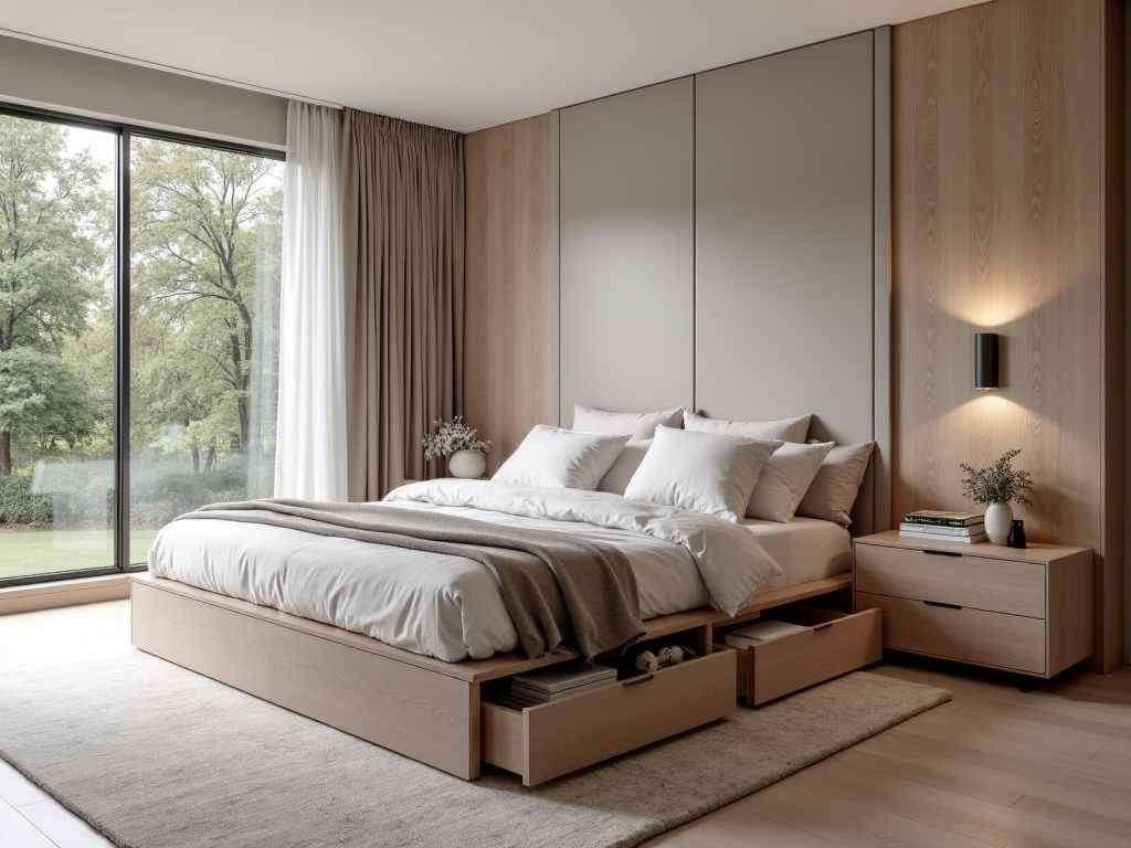 Modern bedroom with integrated under-bed storage