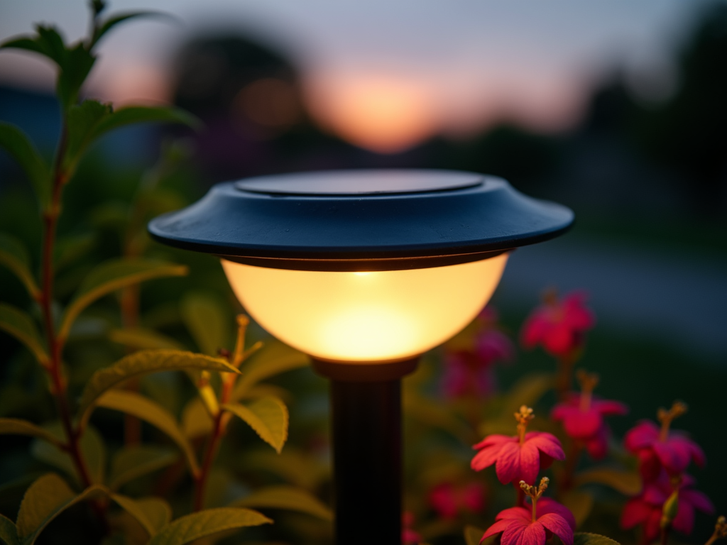 A solar-powered garden light glowing at dusk.