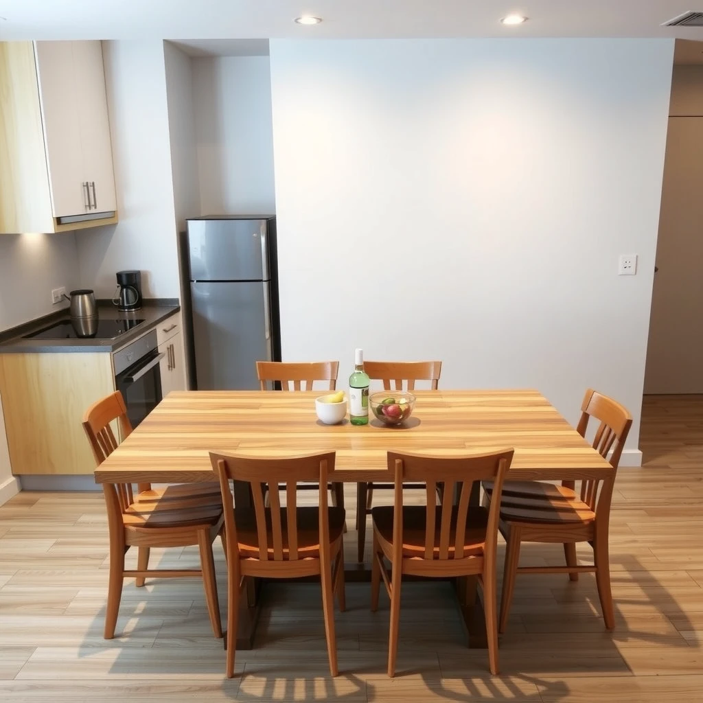 Extendable dining table in closed and extended positions in a small apartment