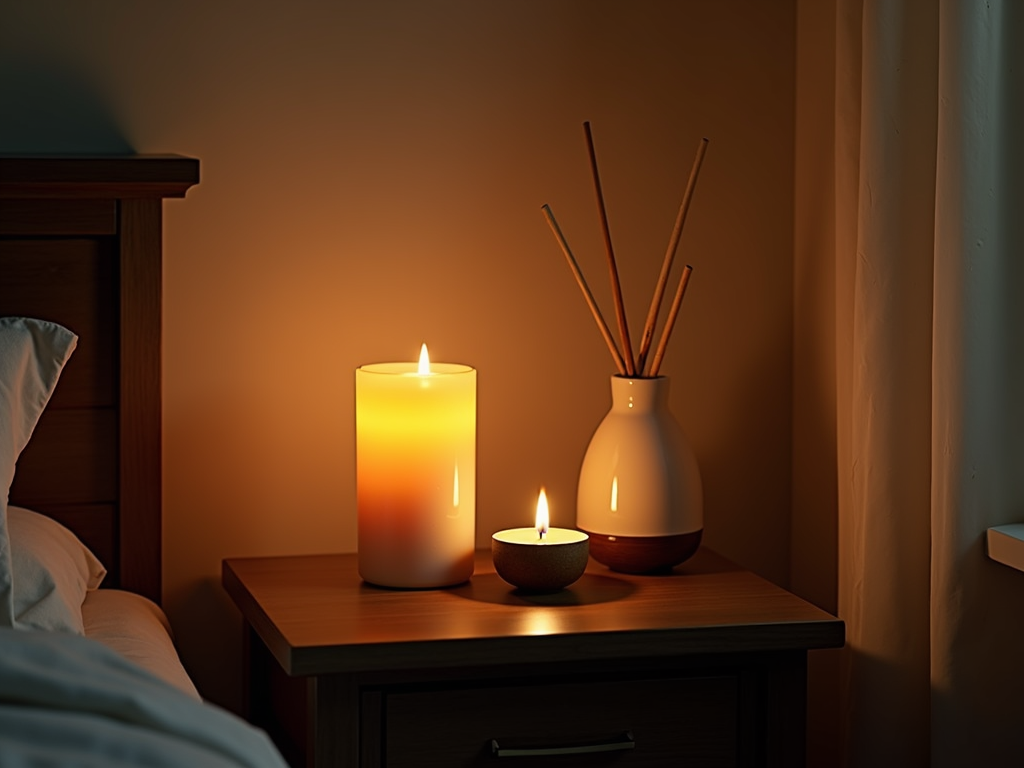 A nightstand with a scented candle and diffuser.
