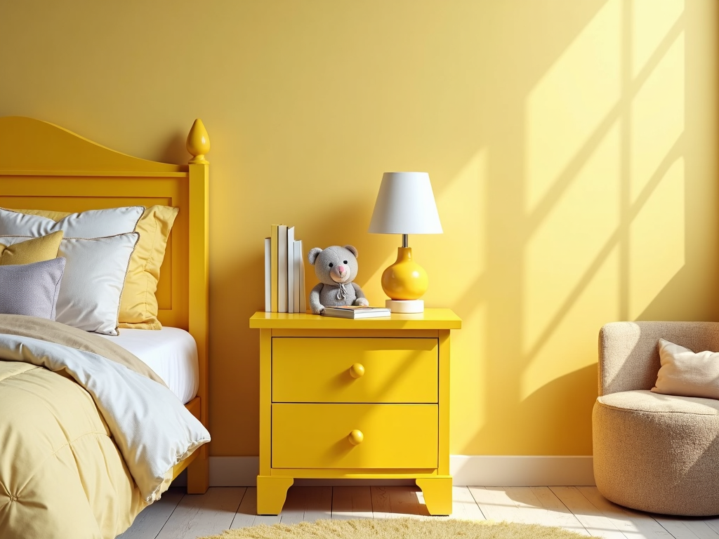 A safe, colorful nightstand next to a kids’ bed.
