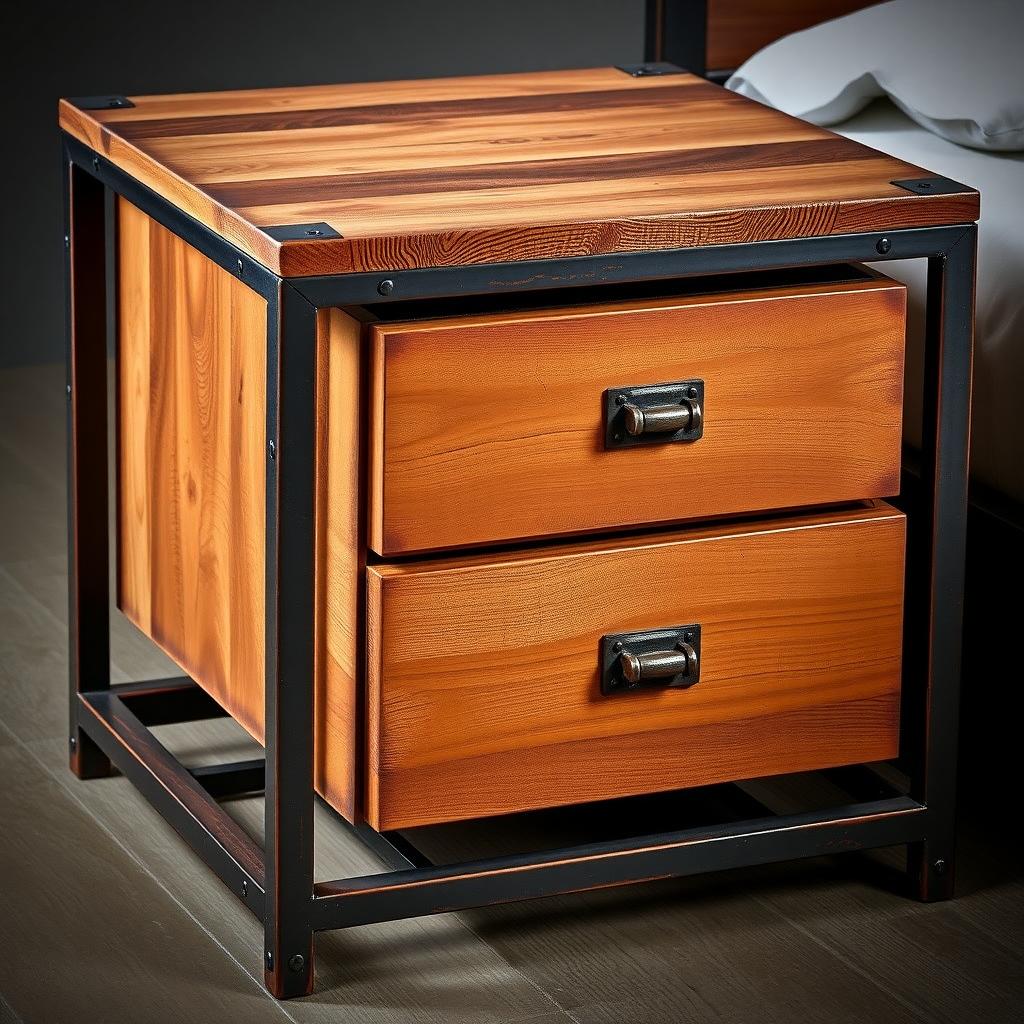 Industrial nightstand with metal frame and reclaimed wood top.