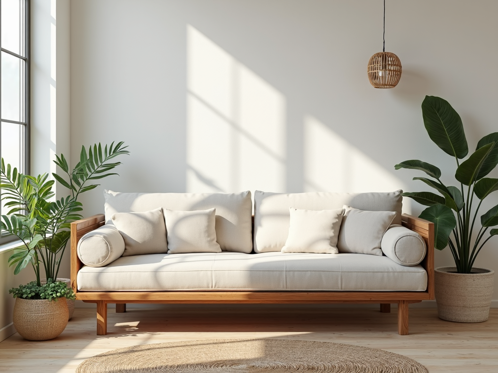 Sustainable futon frame in a styled living room
