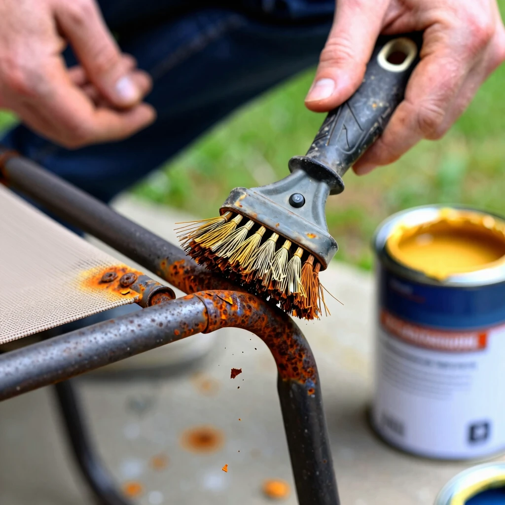 Close-up of removing rust from metal patio furniture