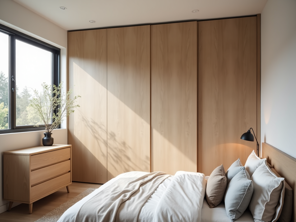 A small bedroom with a tall dresser and a sliding-door wardrobe