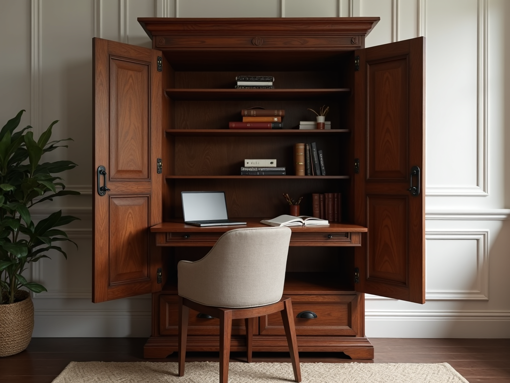A multifunctional armoire with a fold-out desk, perfect for small home offices.