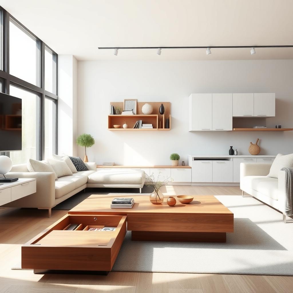 Modern living room with minimalist furniture, including a sleek coffee table, neutral sofa, and wall-mounted cabinet.