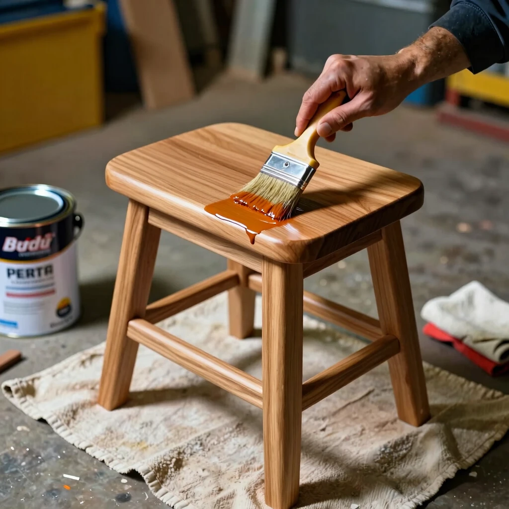 Applying wood finish to a DIY stool for protection and shine
