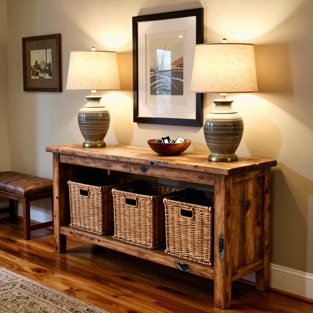Rustic wooden sideboard in foyer with baskets and warm decor