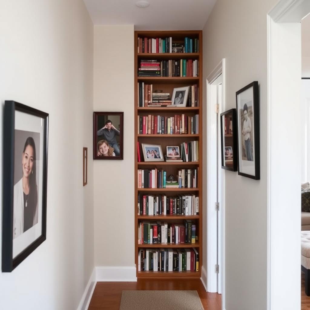 Narrow bookshelf in a small hallway with books and photos.