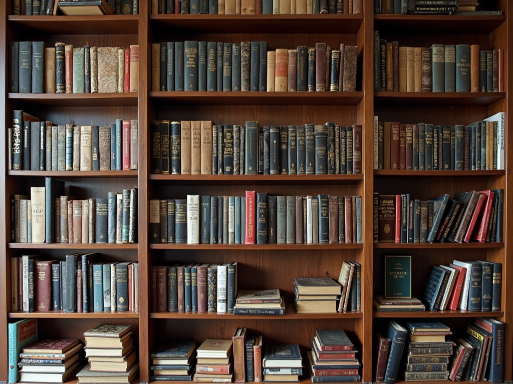 Bookshelf organized into themed sections, such as travel and art.