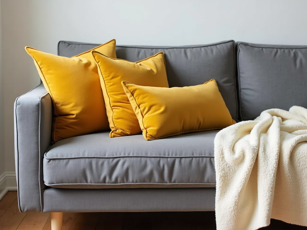 Couch with updated throw pillows and blanket for a fresh look