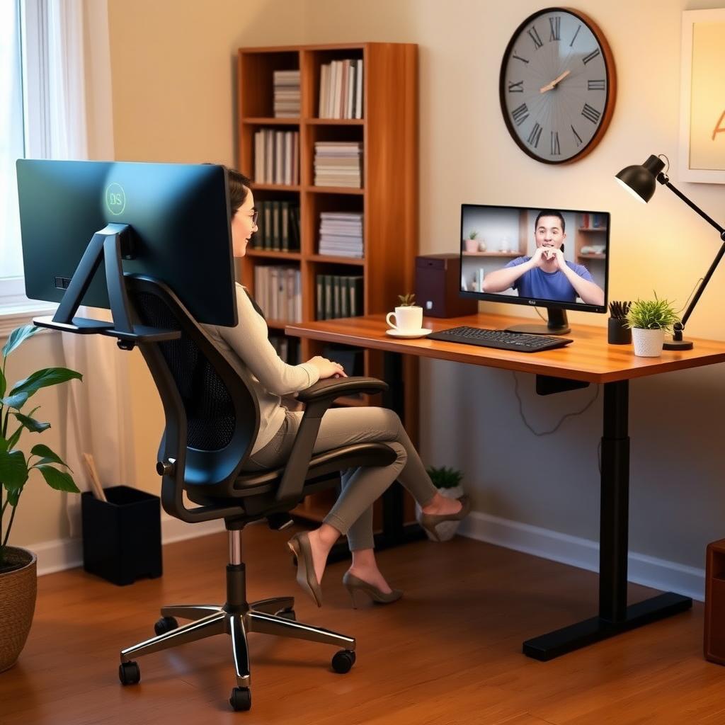 Home office with ergonomic furniture and cozy vibe