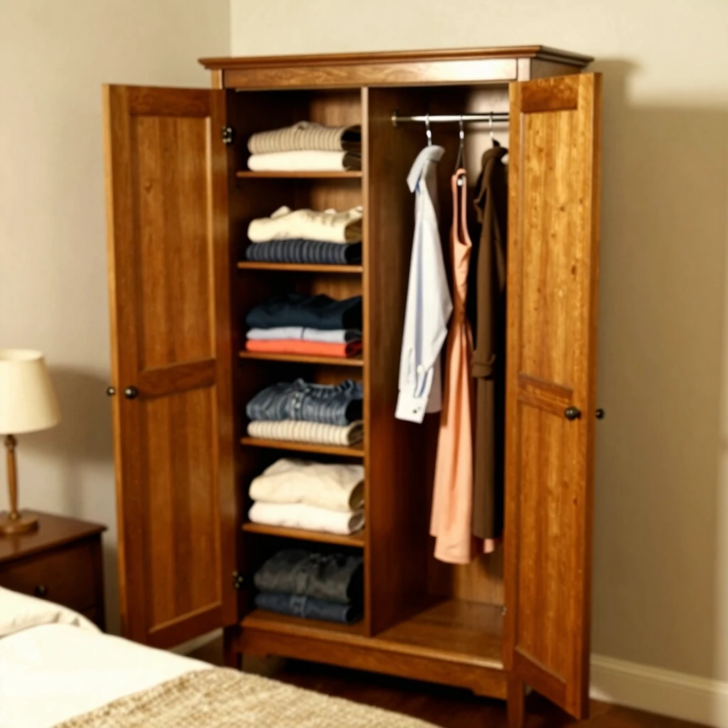Vintage wooden armoire with open doors showing organized clothing storage in a cozy bedroom