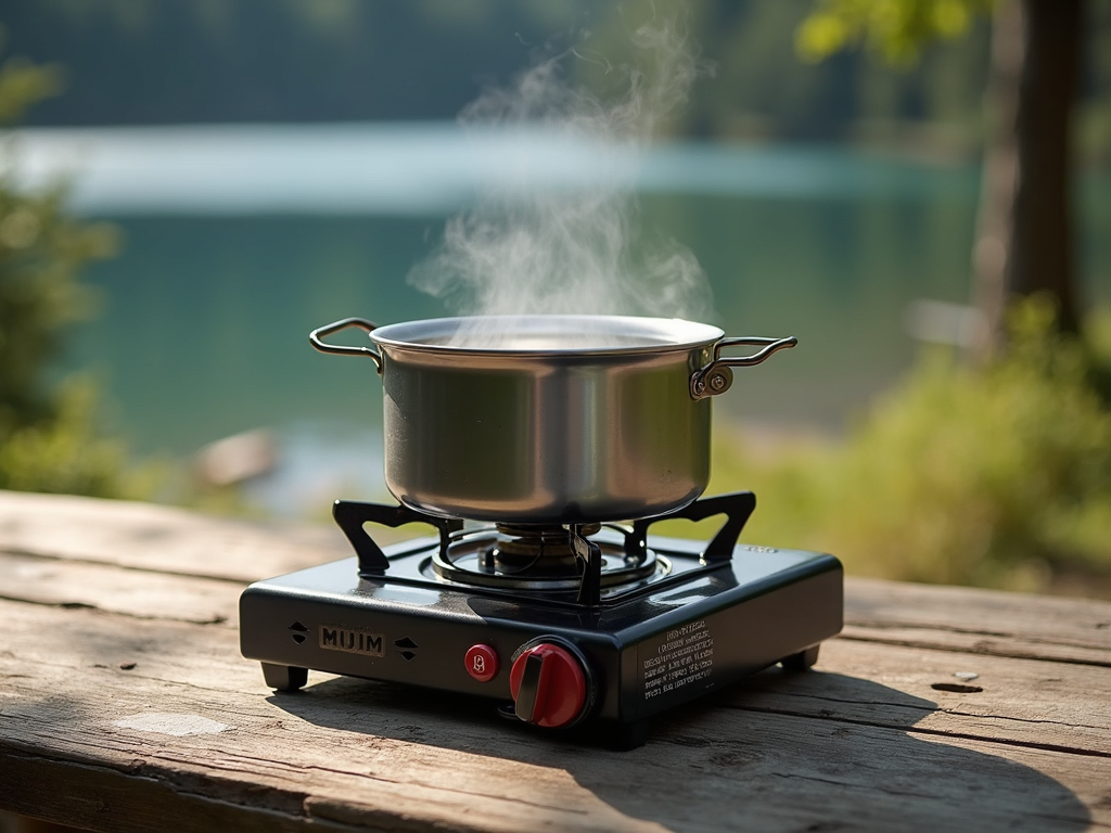 A portable camping stove in use, boiling water for a meal.