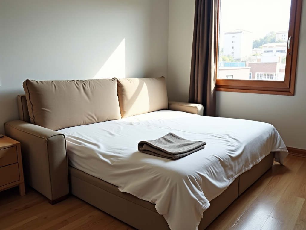 Futon sofa bed unfolded in a small apartment