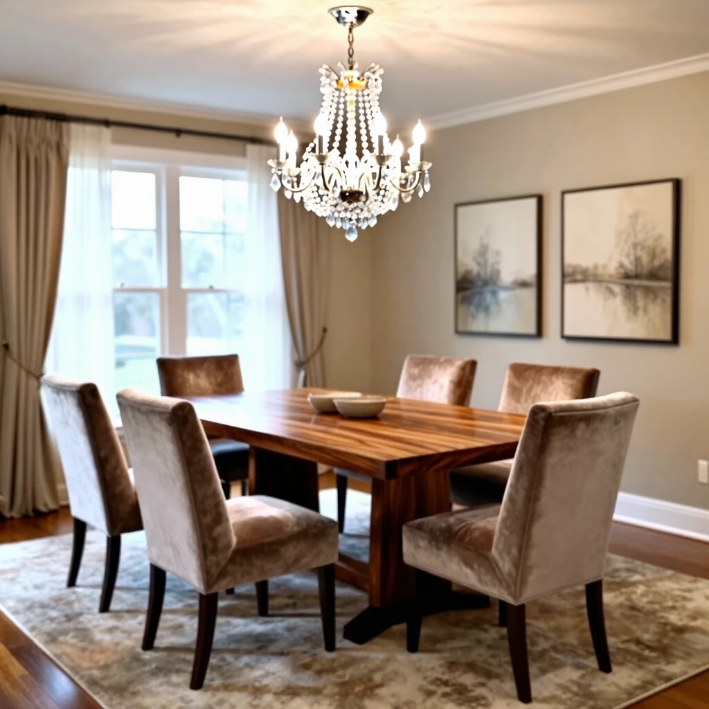 Elegant dining room with wooden table, upholstered chairs, and crystal chandelier in neutral tones