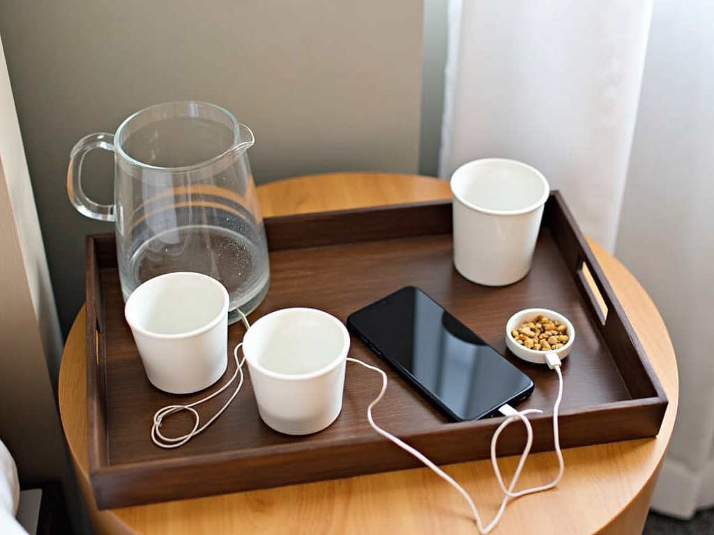 A guest room tray with water and a charging station