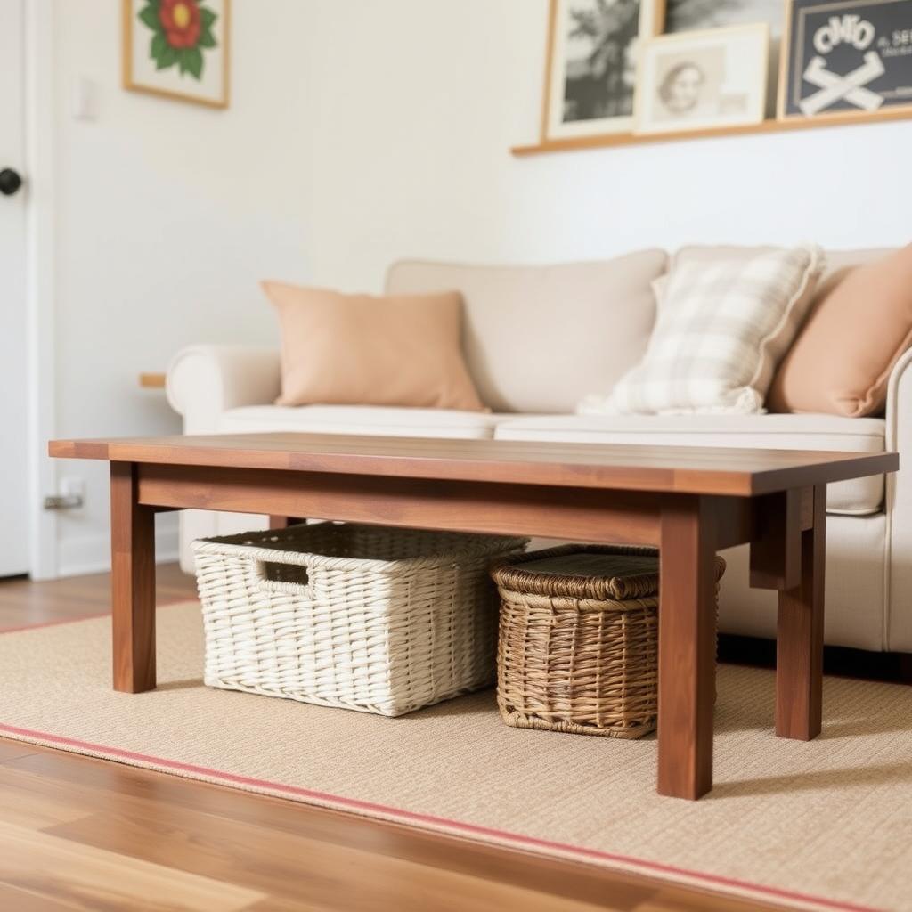 A budget-friendly small living room with a coffee table, baskets, and wall shelves.
