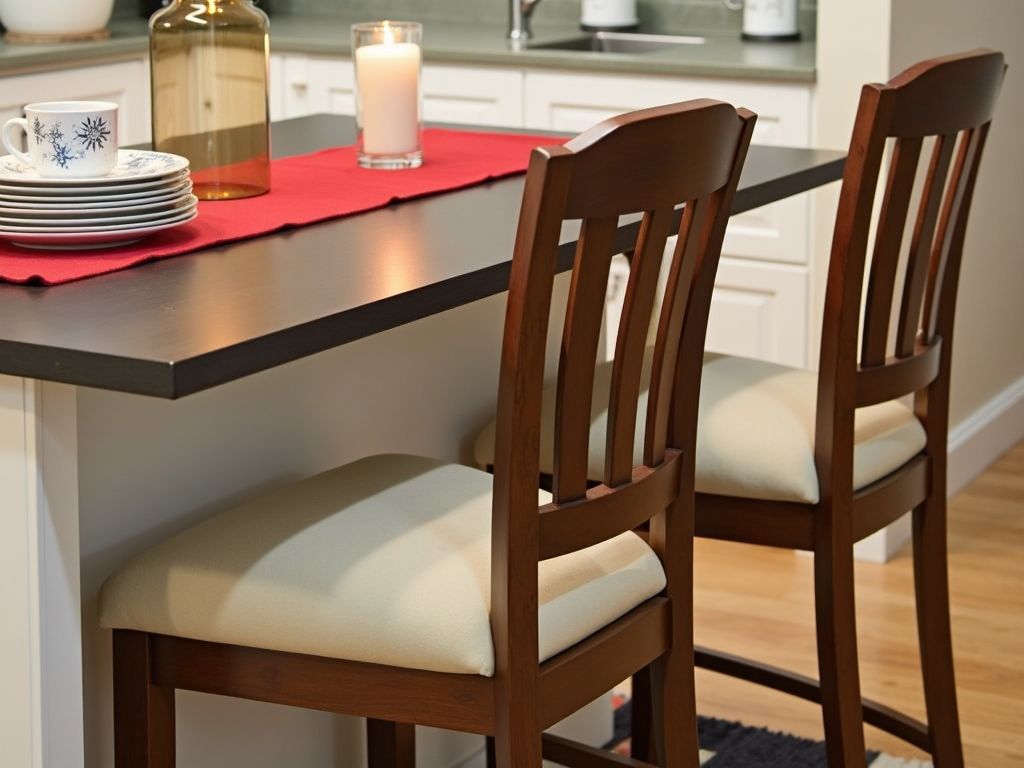A cozy kitchen island with bar stools and winter decor.