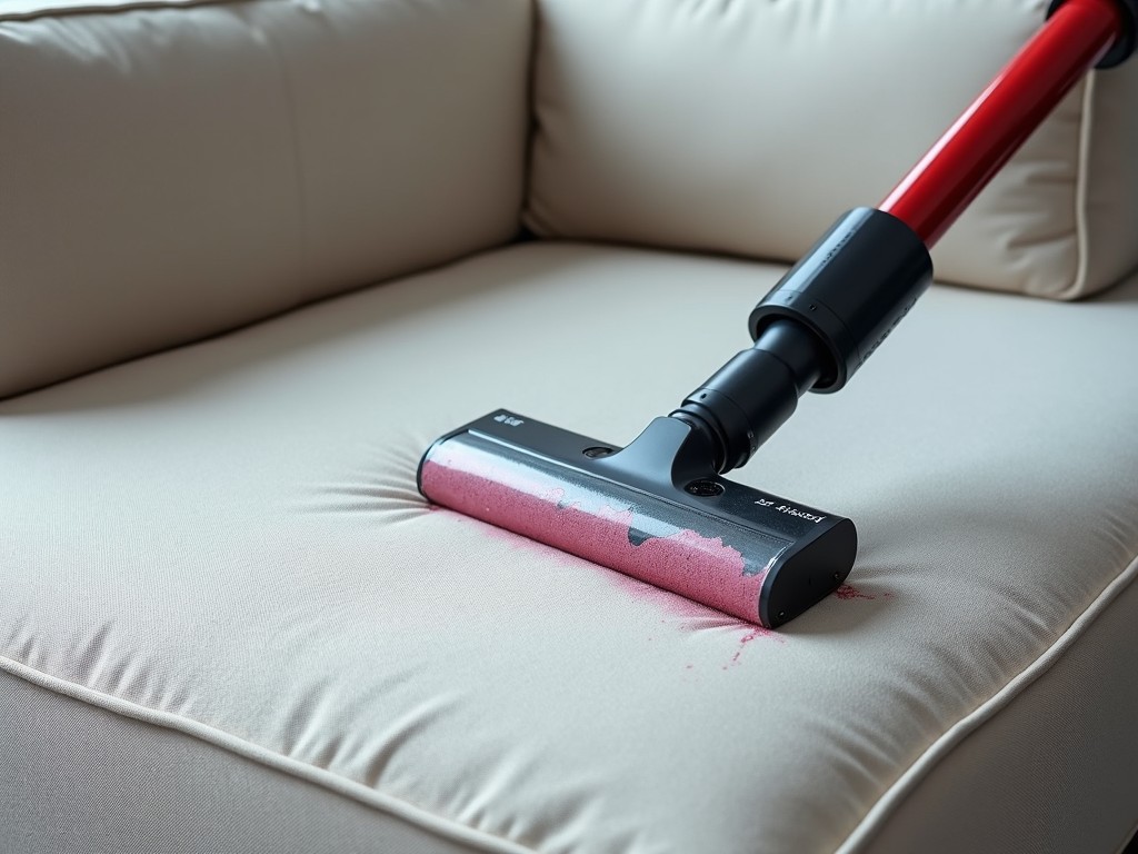 Close-up of a couch fabric being vacuumed, highlighting cleanliness and maintenance.
