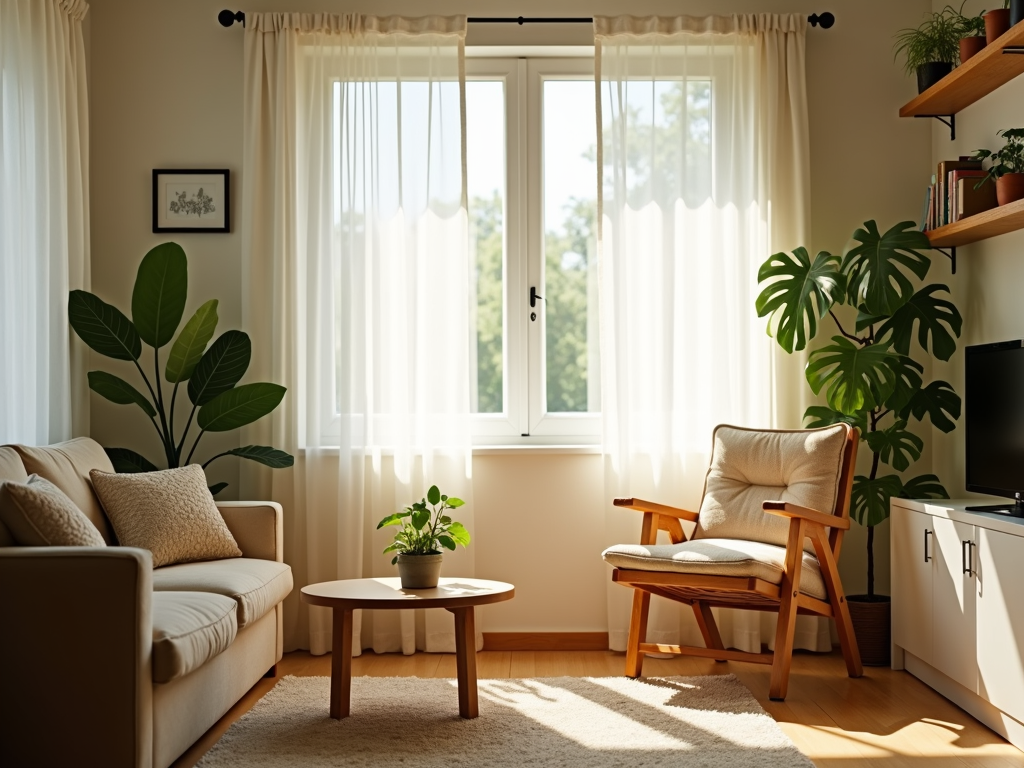 Bright compact living space with sunlight and foldable chair.