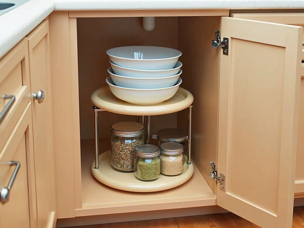 Organized kitchen cabinet with stackable shelves and lazy Susan