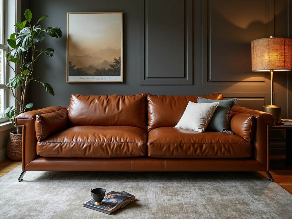A stylish leather sofa in a contemporary living room.