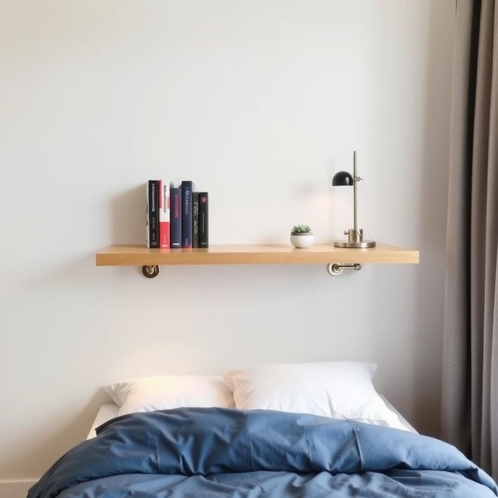 Floating shelf as a nightstand in a small bedroom.