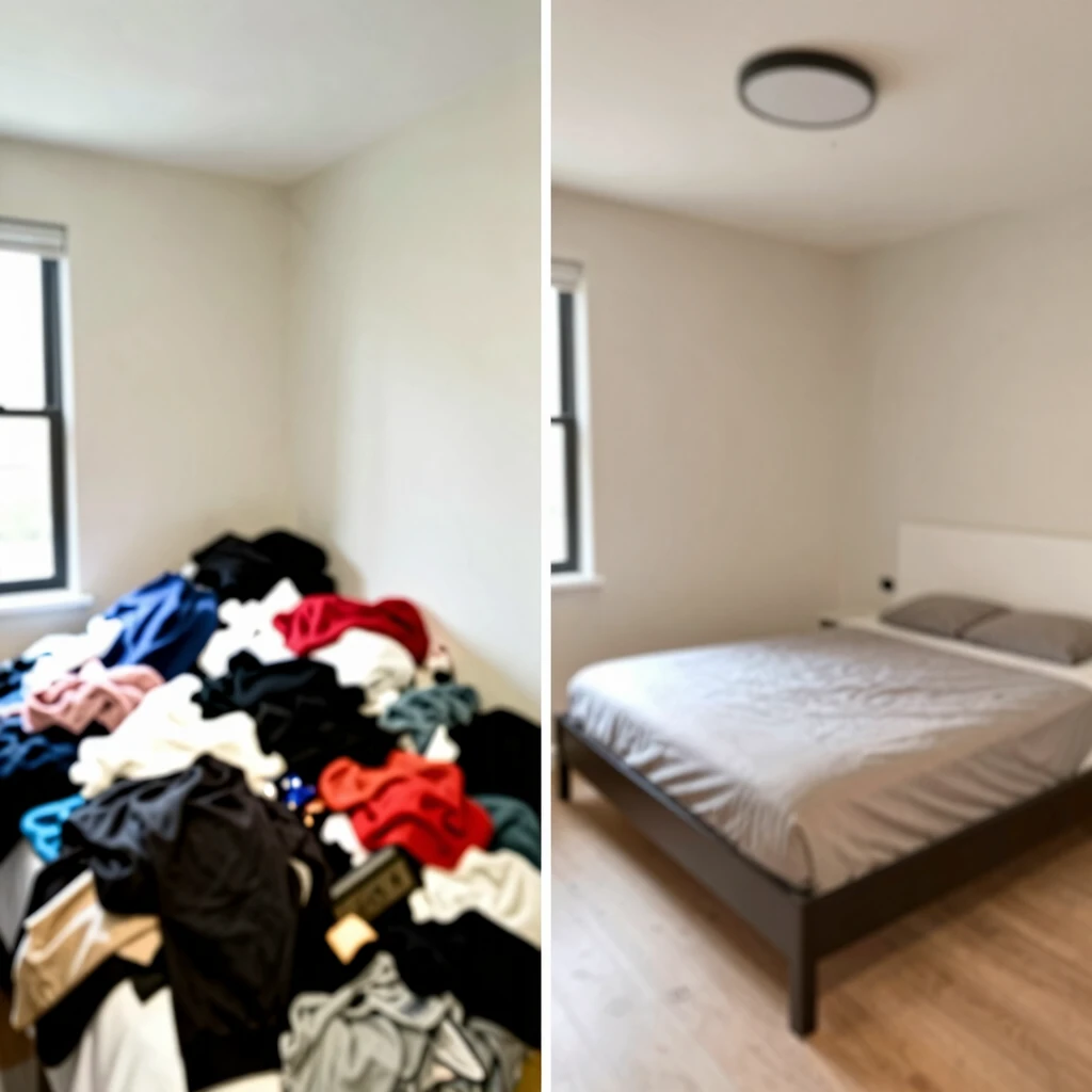 Before and after minimalist bedroom transformation