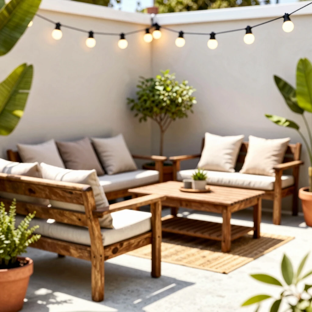 Cozy repainted patio furniture with cushions and string lights in a budget makeover